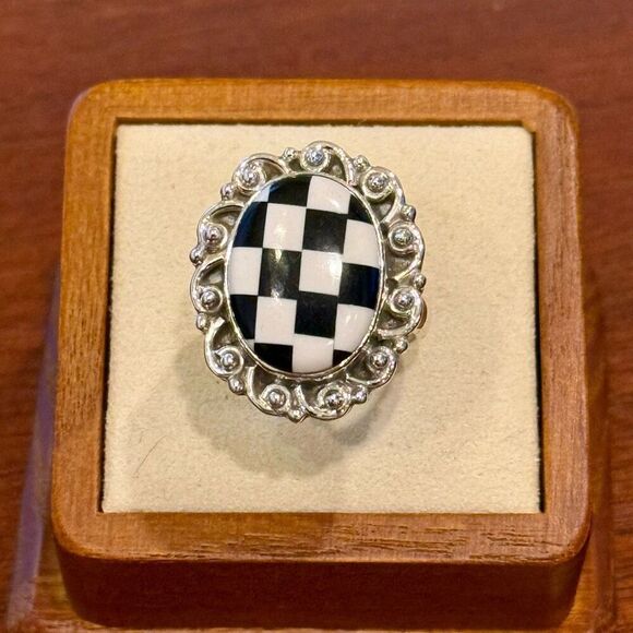 Trendy Southwest Onyx Checkerboard Sterling Silver Boho Adjustable Ring - Picture 1 of 6